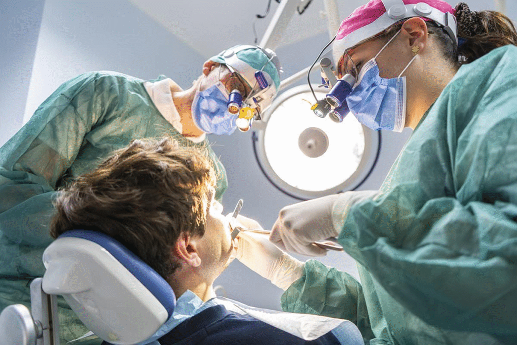 Dentist doing dental surgery on a patient using light and dental tools in a clinic
